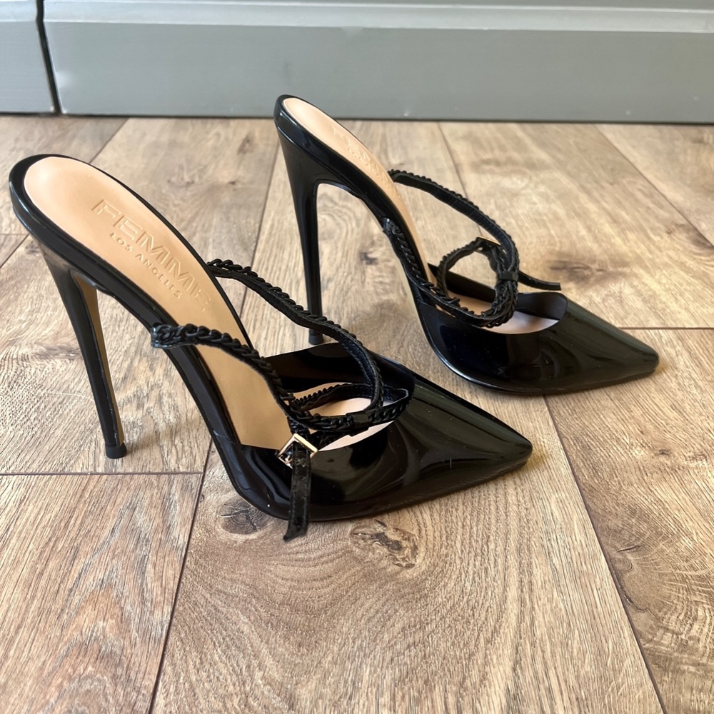 FEMME Los Angeles Black Patent Pointy Toe Ankle Strap Heels Size 35